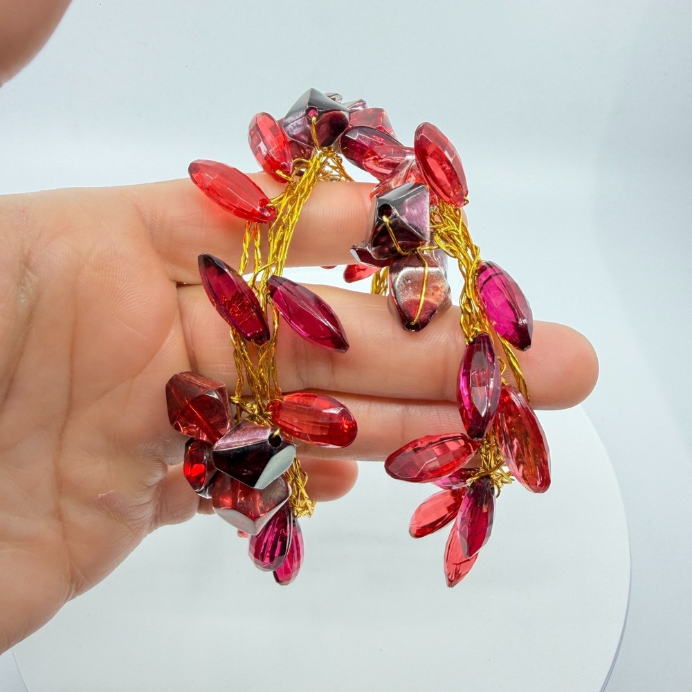 Gothic Red Lucite Cuff Bracelet - Chunky Gold Tone Wire Wrapped